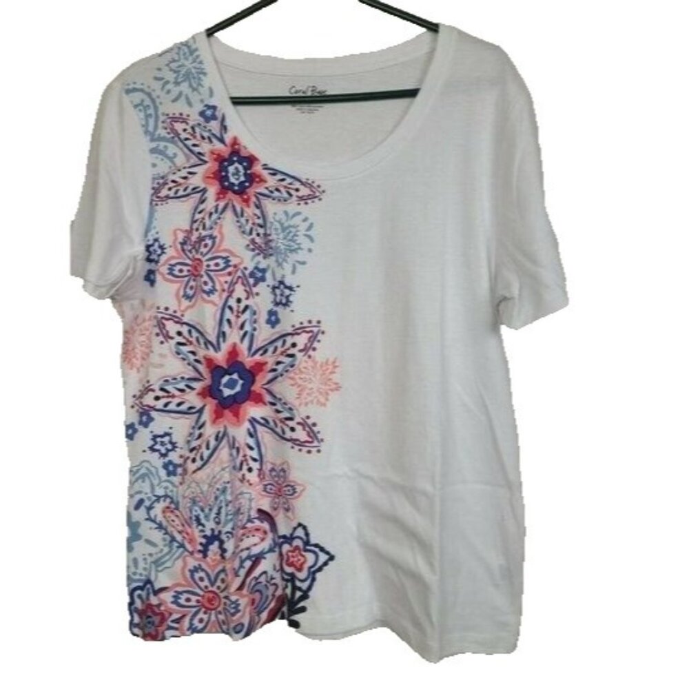 Coral Bay Womens T-Shirt Large White‎ Floral Rhinestones Short Sleeves Tropical
